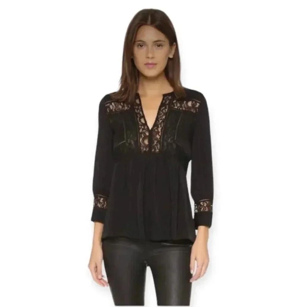 REBECCA TAYLOR 100% Silk Black Lace Blouse Size 2‎ Dark Academia